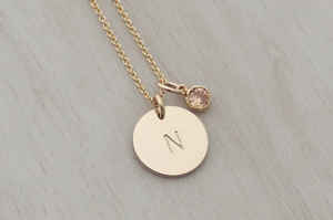 Initial Disc Necklace with a Birthstone