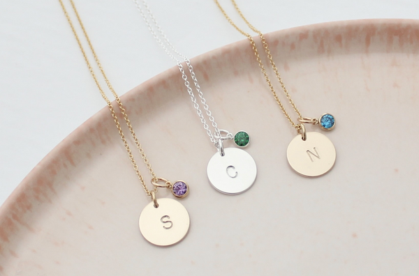 Initial Disc Necklace with a Birthstone