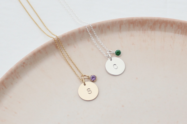 Initial Disc Necklace with a Birthstone