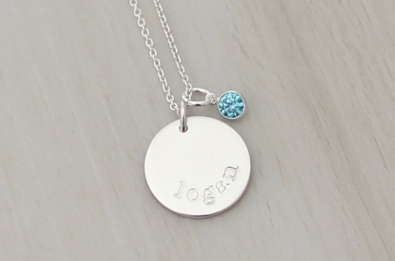 Name Disc Necklace with a Birthstone