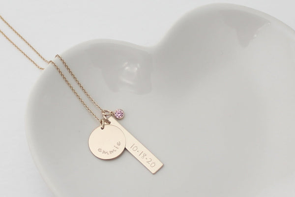 Baby Name and Birthdate Necklace with a Birthstone