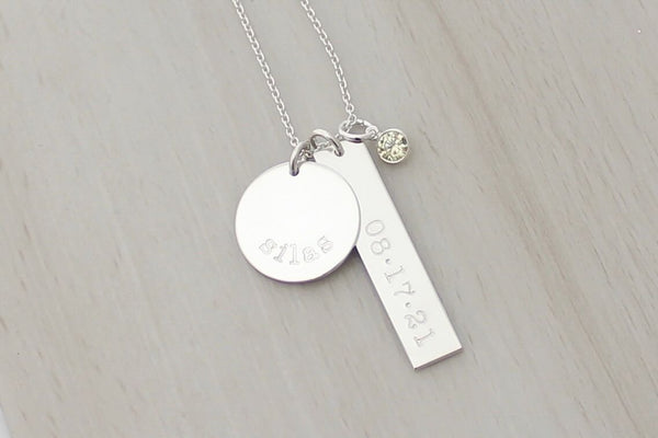 Baby Name and Birthdate Necklace with a Birthstone