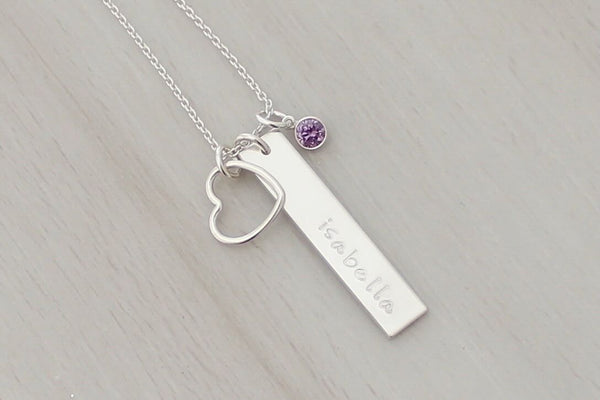 Vertical Name Bar with an Open Heart and Birthstone