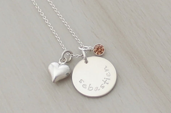 Name Disc with a Solid Heart and Birthstone