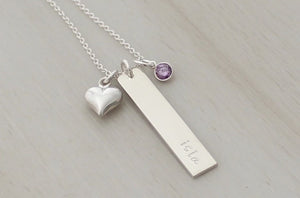 Vertical Name Bar with a Solid Heart and Birthstone