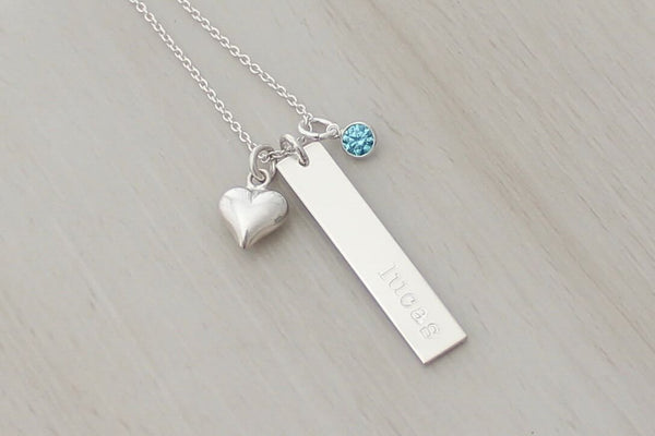 Vertical Name Bar with a Solid Heart and Birthstone