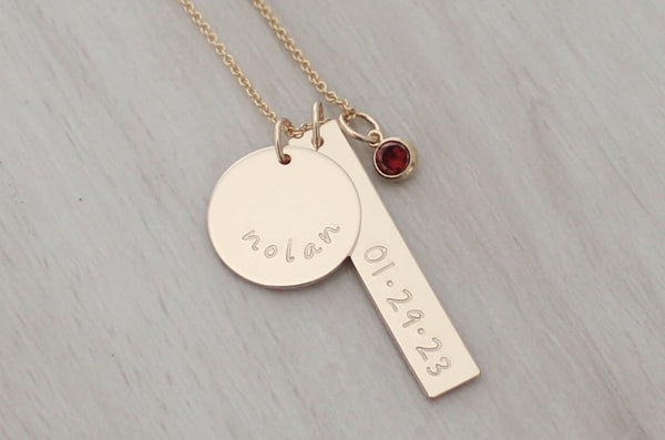 Baby Name and Birthdate Necklace with a Birthstone