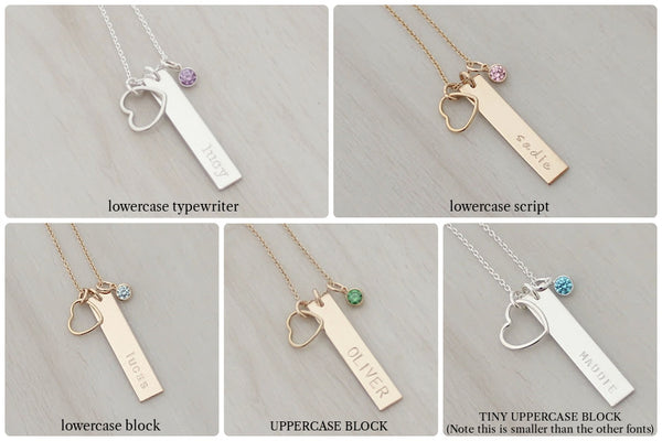 Vertical Name Bar with an Open Heart and Birthstone